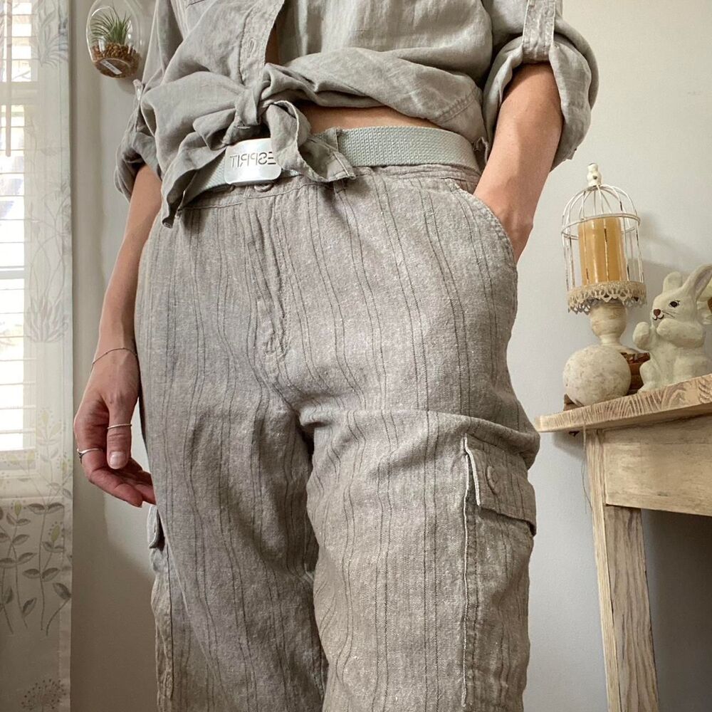 Women's Cargo medium rise cropped pants Khaki Trousers linen vintage striped